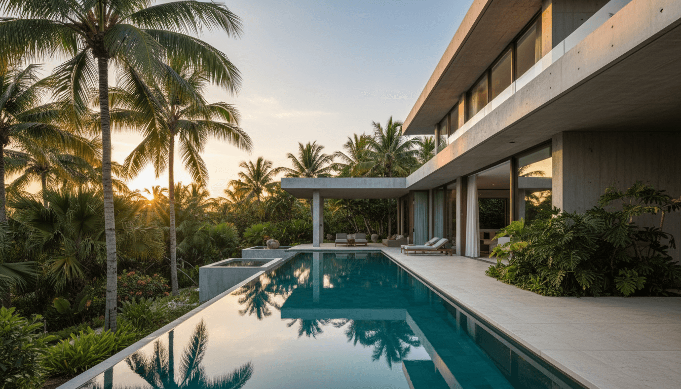 Modern rental property with a pool and palm trees